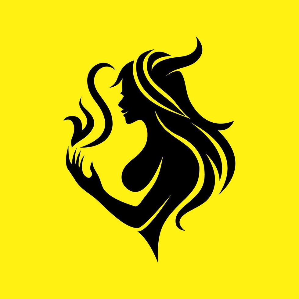Demon Sorceress Silhouette. Mysterious Fantasy Witch with Magic Flames vector