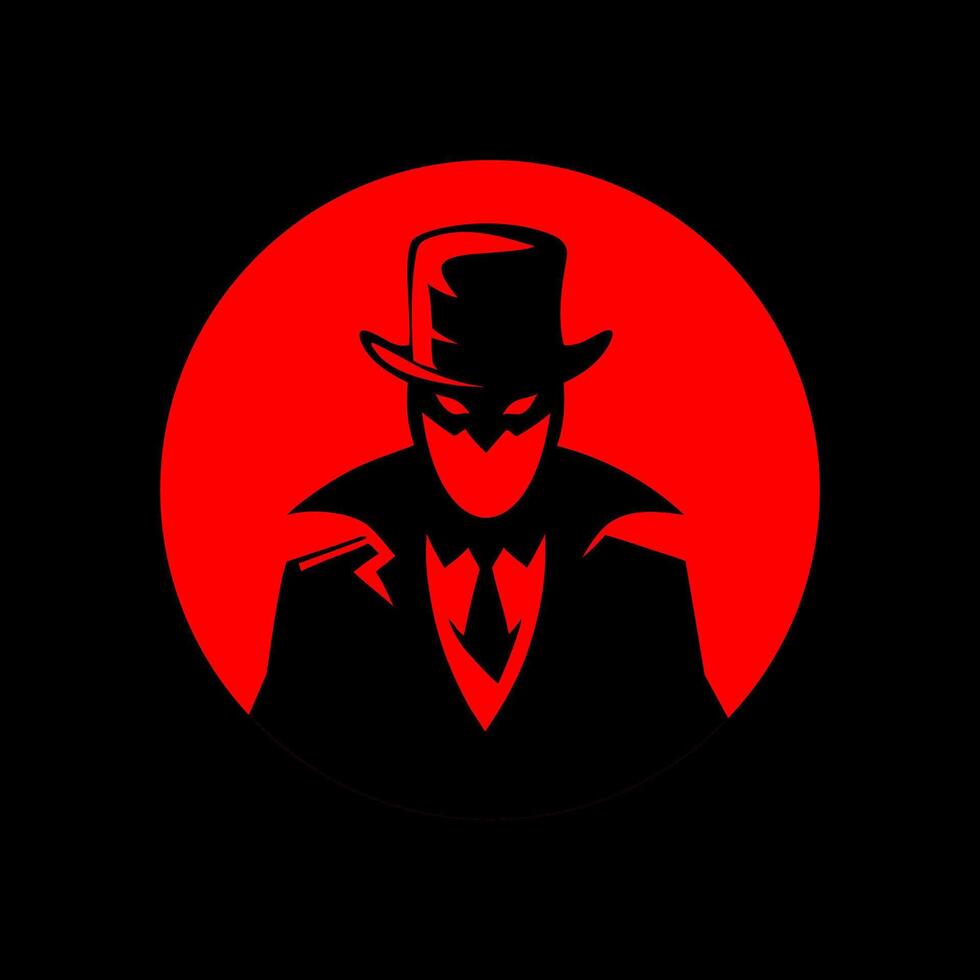 Mysterious Masked Man with Top Hat Silhouette on Red Circle Background vector