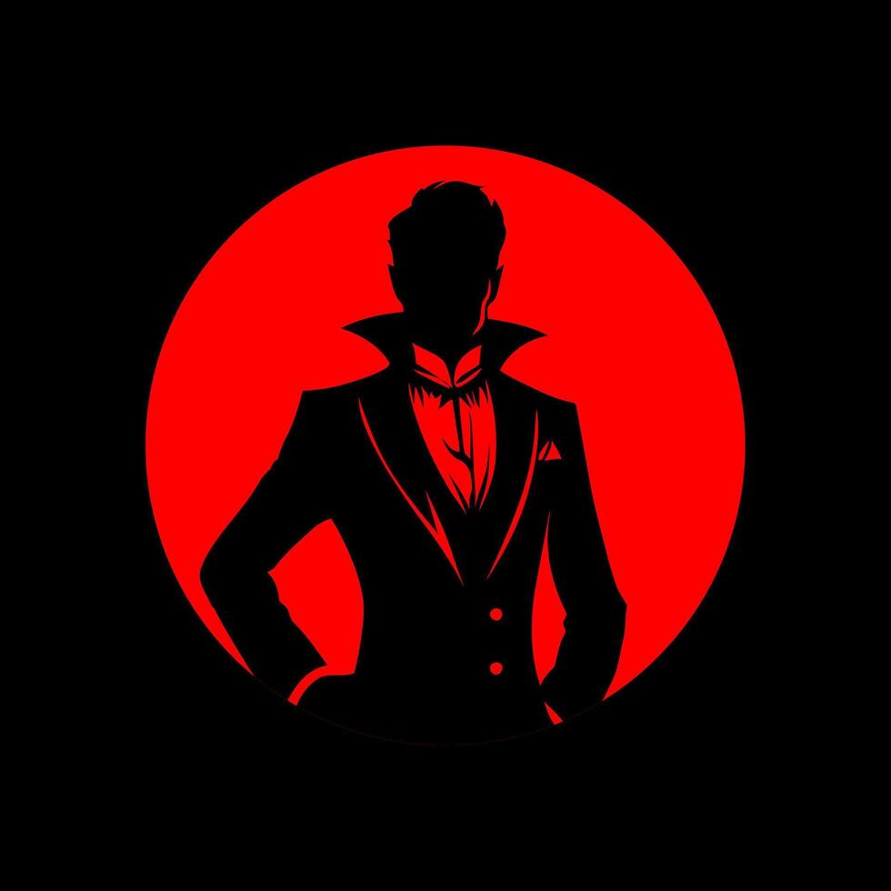 Elegant Dracula Vampire Silhouette with Red Moon. Gothic Horror vector