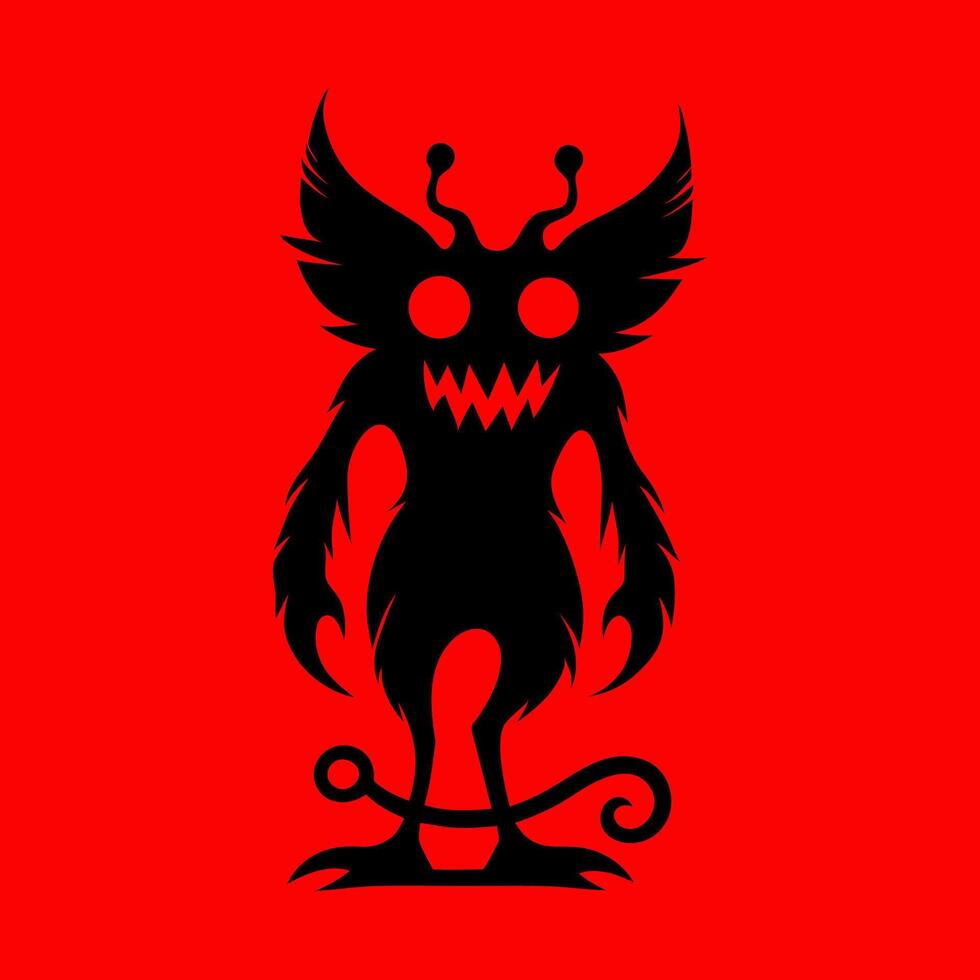 Scary Monster Silhouette with Glowing Eyes on Red Background vector