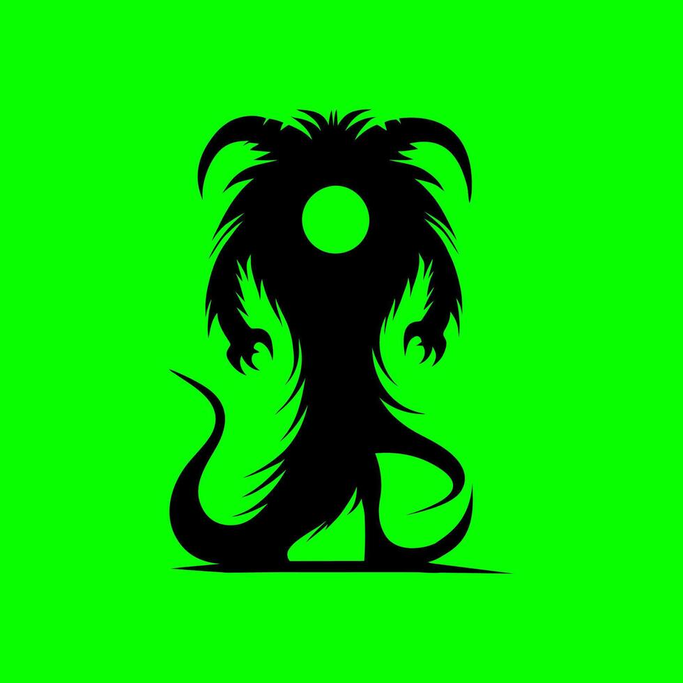 Mysterious Monster Silhouette with Glowing Eye on Neon Green Background vector