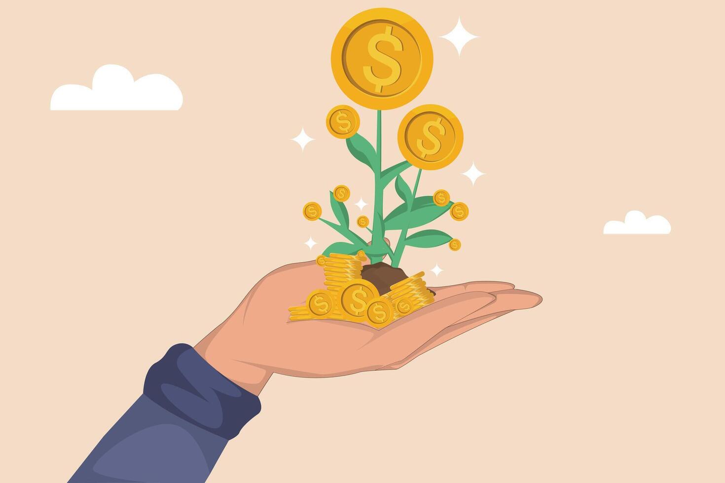 Conceptual Illustration of Money Plant Growing from Hand Representing Financial Growth and Investment Returns vector