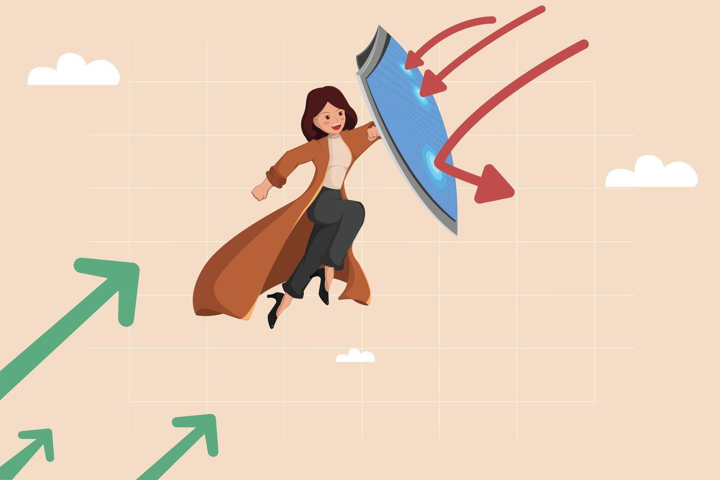 Businesswoman Using Shield to Defend Against Crisis Arrows While Business Performance Rises Financial Concept Illustration. vector