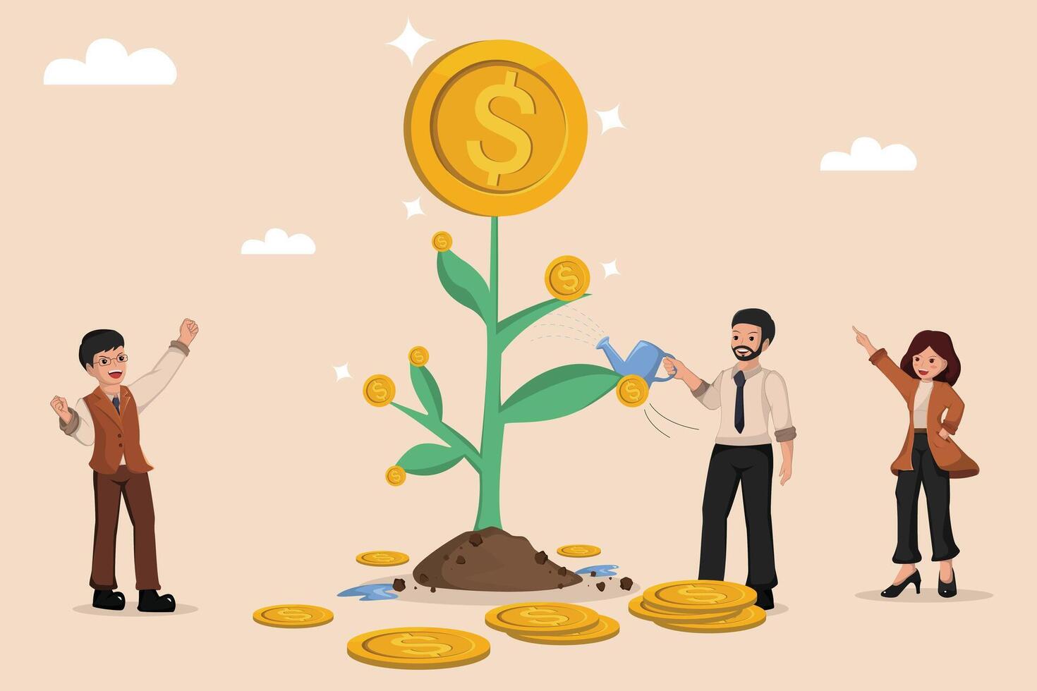 Vibrant Illustration Depicting Successful Financial Growth Through Careful Cultivation and Collaborative Effort. vector