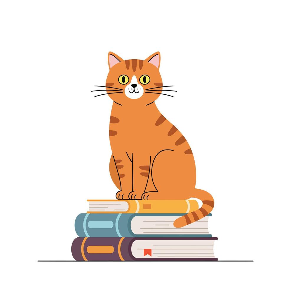 Orange tabby cat sitting on colorful stacked books in flat art vector