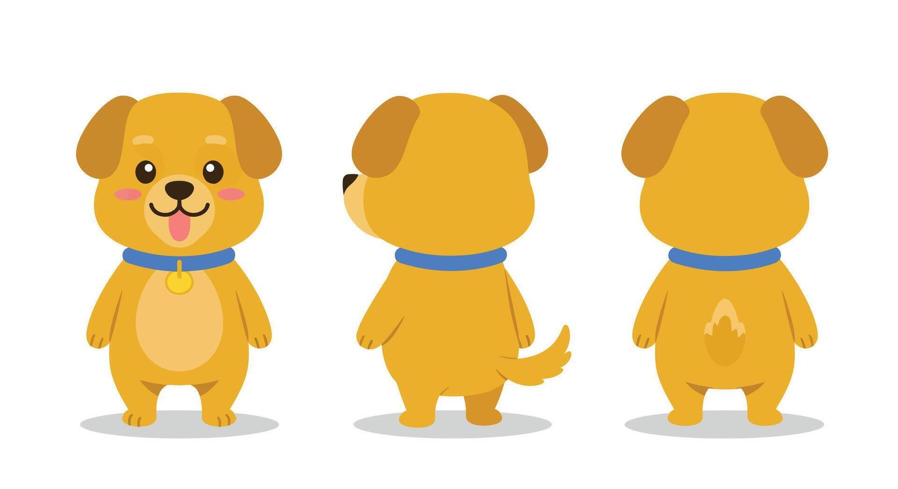 Cute cartoon dog character design in flat style showcasing multiple angles art vector