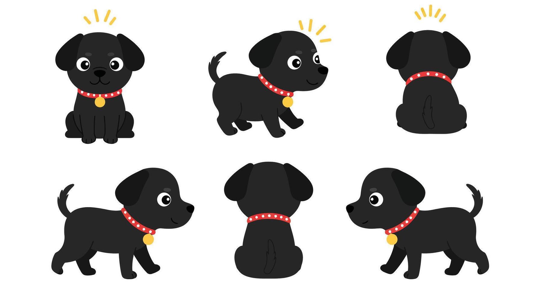 Cute black dog character in flat style with collar showcasing playful expressions art vector