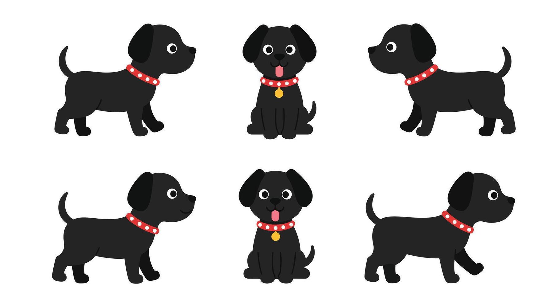 Playful black dog characters in flat design style showcasing different poses illustration vector
