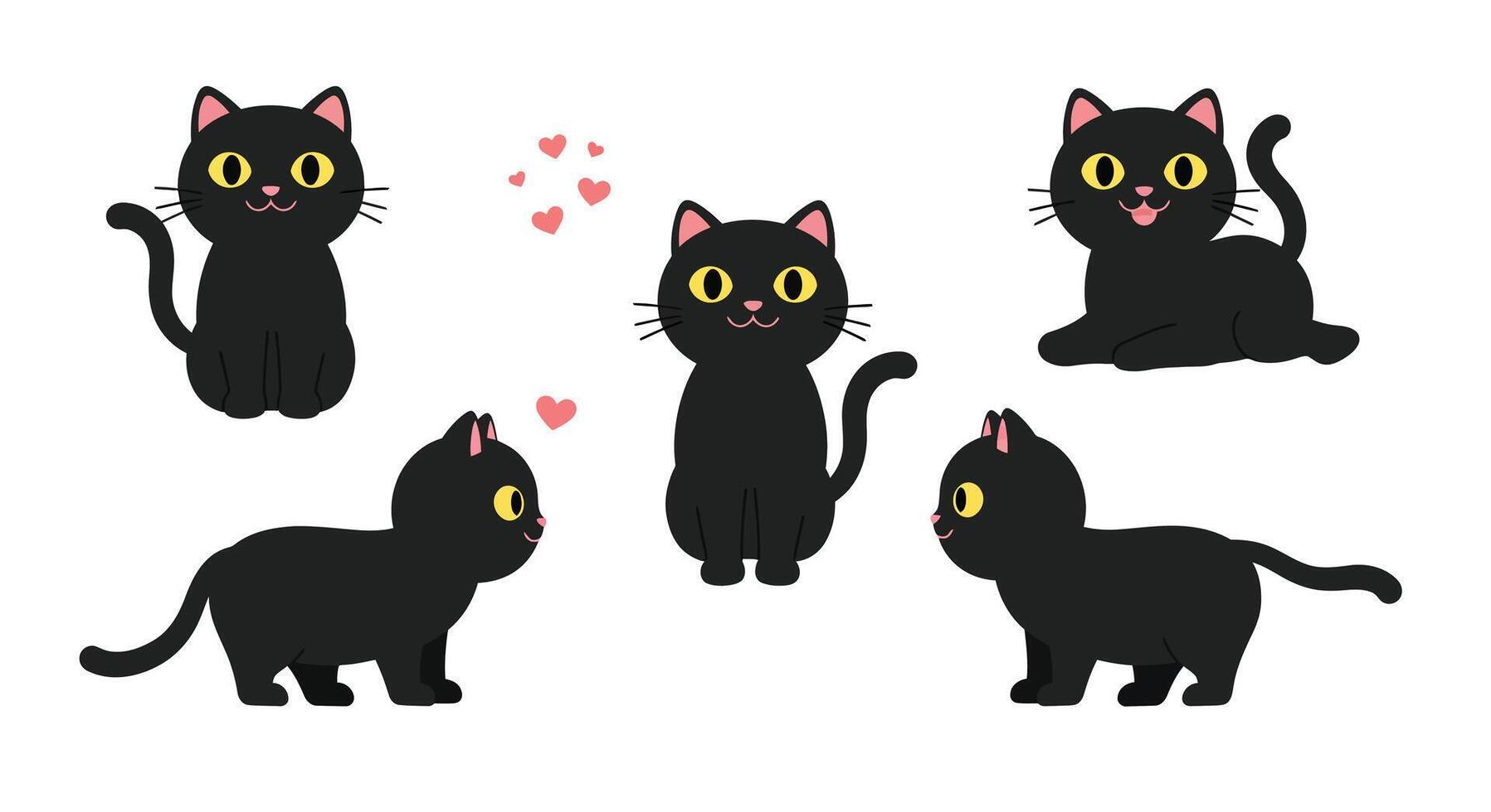 Black cat character animation flat illustration with playful expressions and heart motifs vector