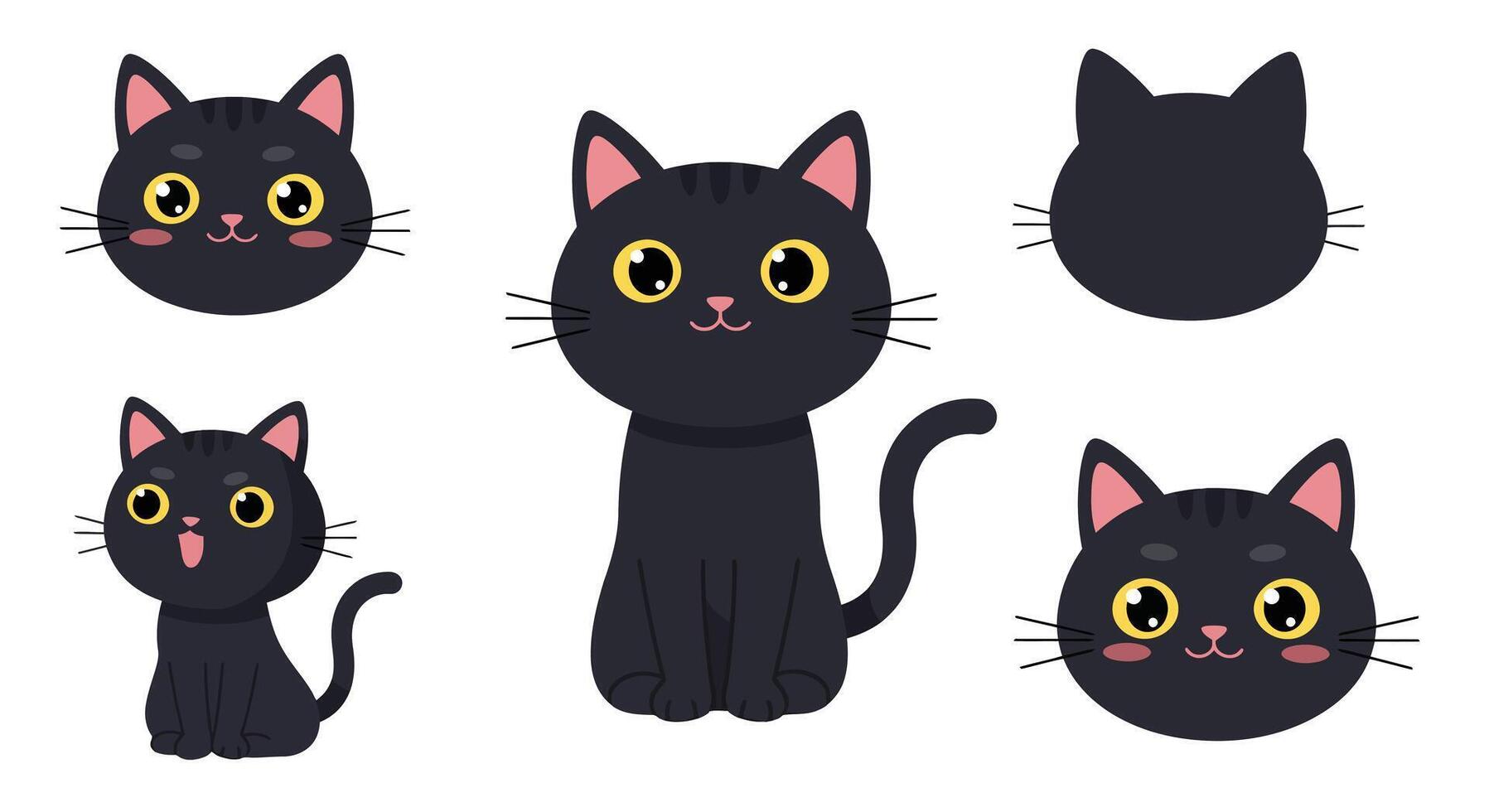 Black cat character design in flat style showcasing various poses and expressions art vector