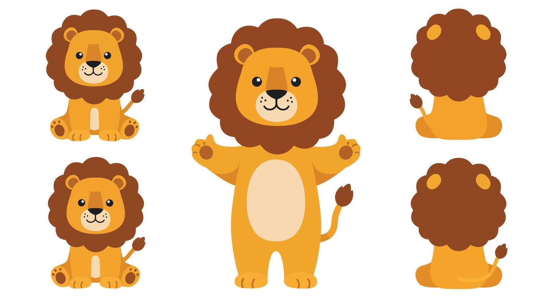 Cute lion character design in flat style showcasing multiple poses art vector