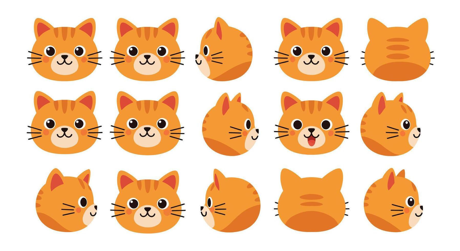 Cute orange cat faces in flat design with various expressions and angles illustration vector