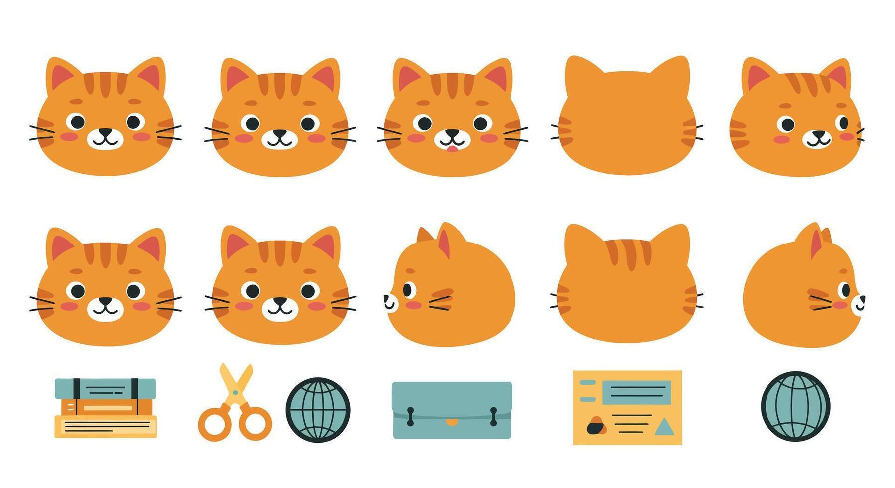 Cute orange cat head expressions in flat style art vector