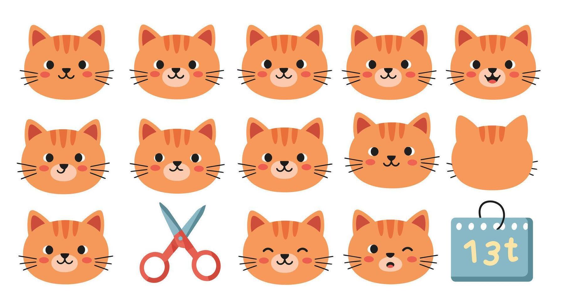 Cute orange cat faces in flat design style with playful expressions illustration vector