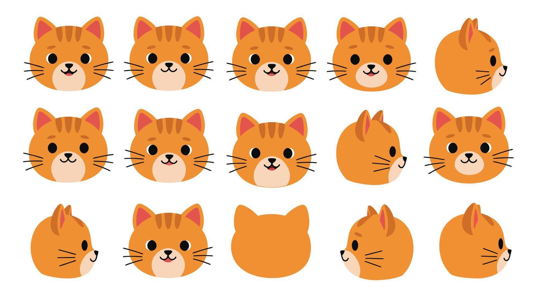 Cute orange cat faces in flat design showcasing various expressions and angles art vector