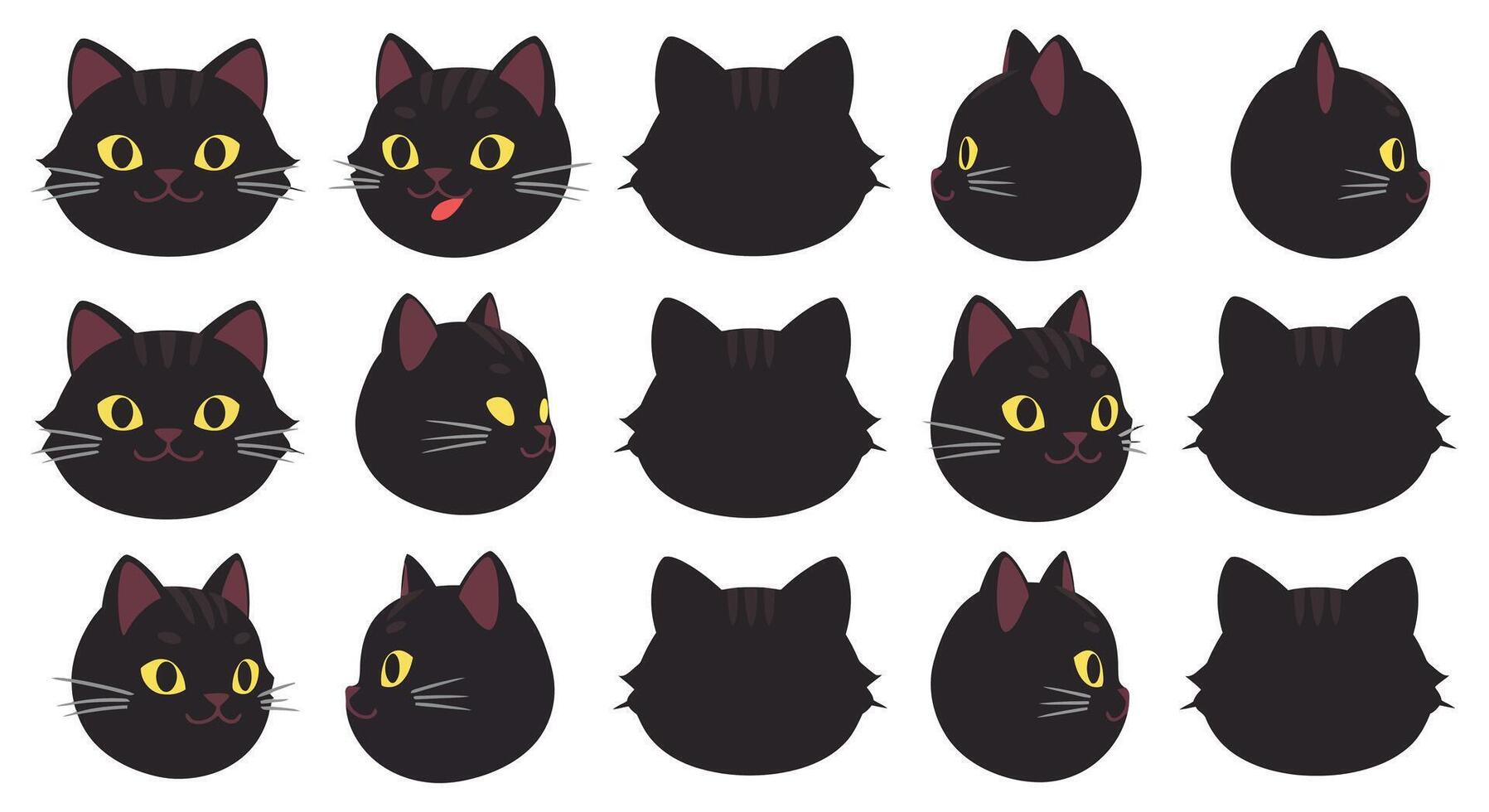 Black cat face expressions in flat design style art vector