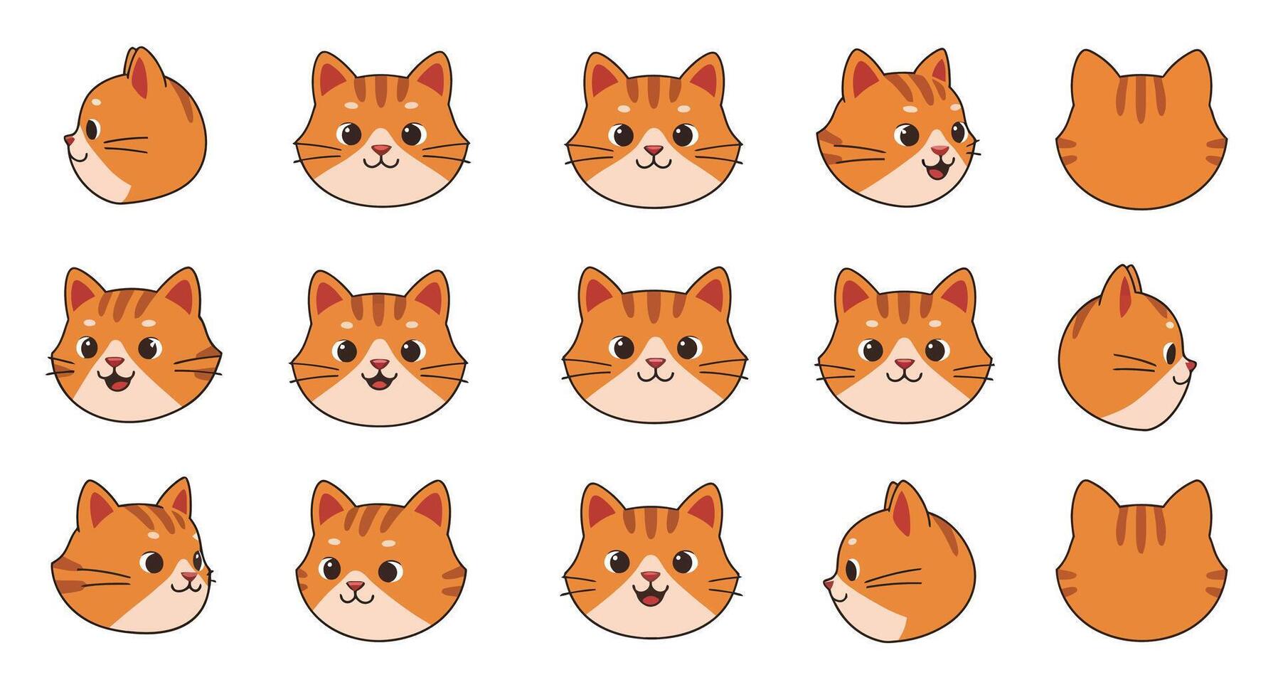 Cute orange cat faces in minimal style showcasing various expressions illustration vector