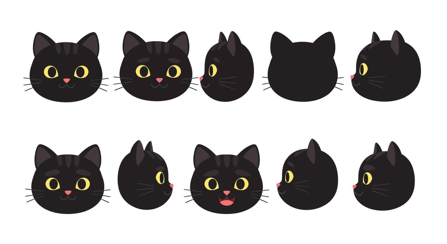 Black cat character expressions in flat art showcasing playful and curious emotions vector