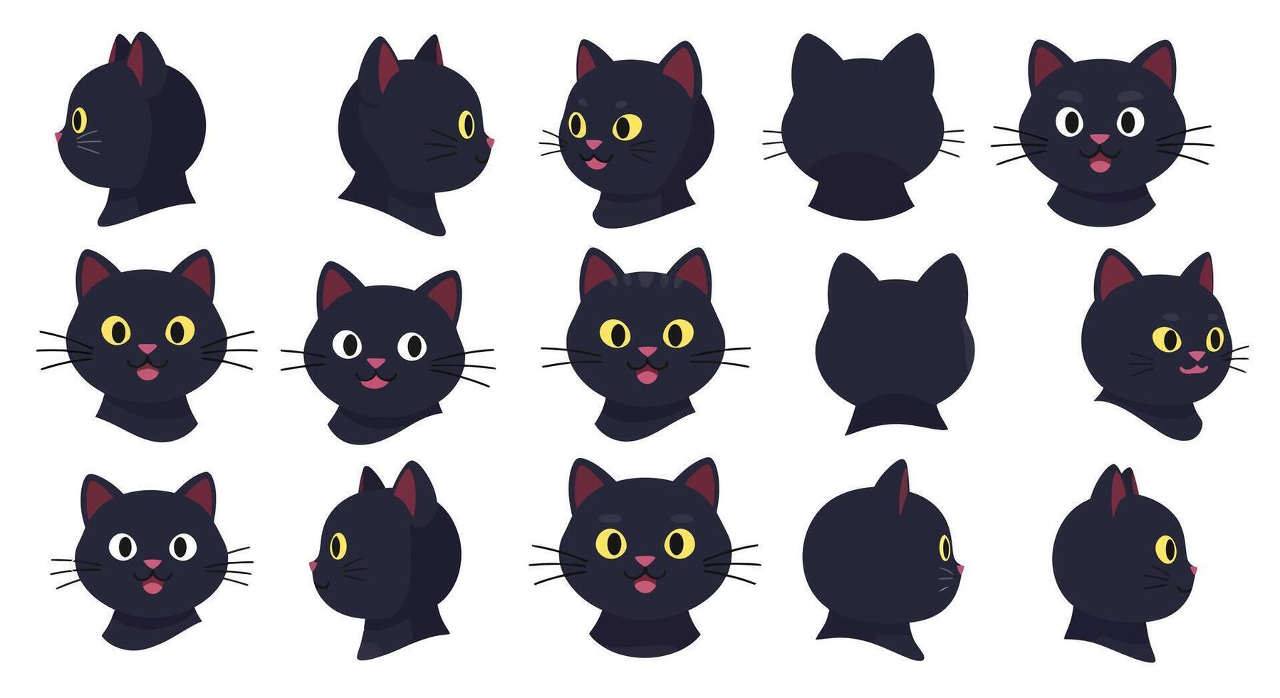 Black cat character expressions in flat and minimal illustration style vector