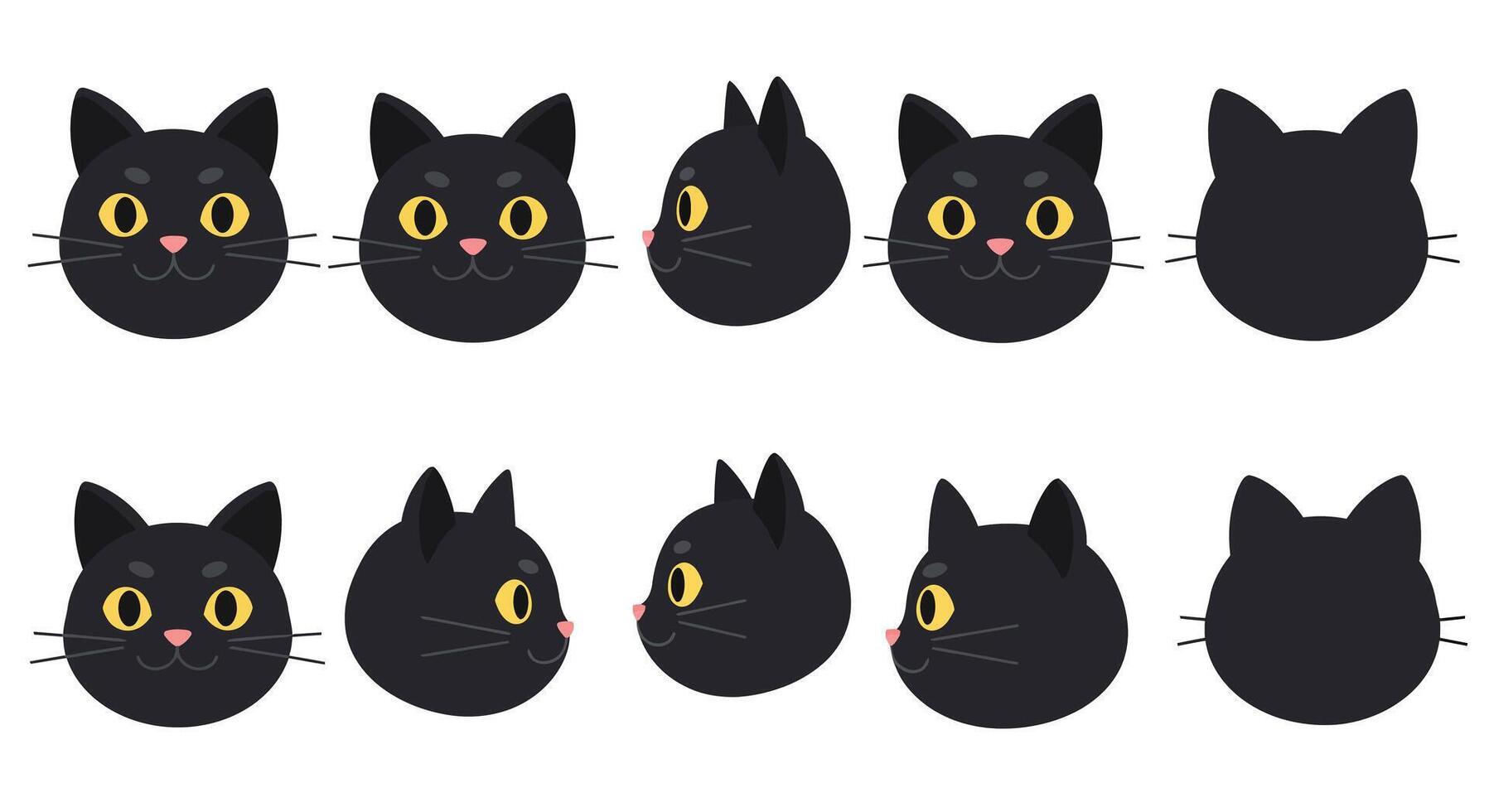 Black cat character design in flat style showcasing expressions in illustration vector