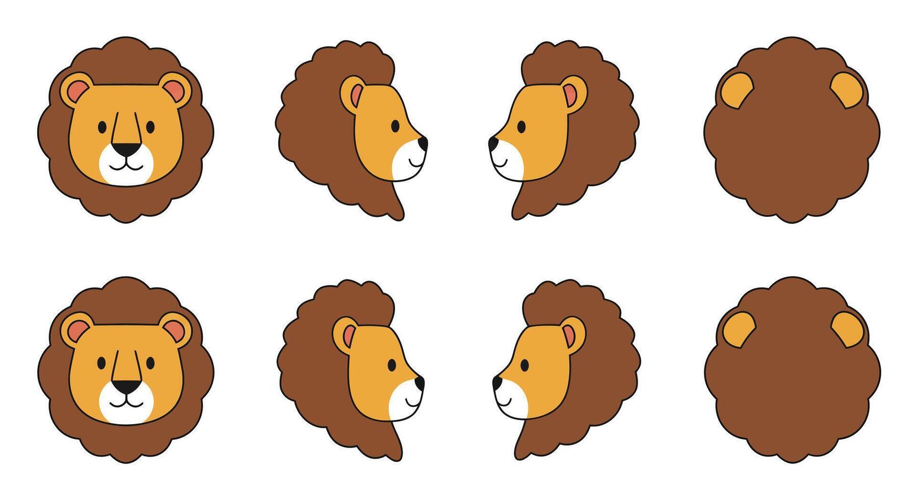 Lion character design in flat style showcasing various expressions in art vector