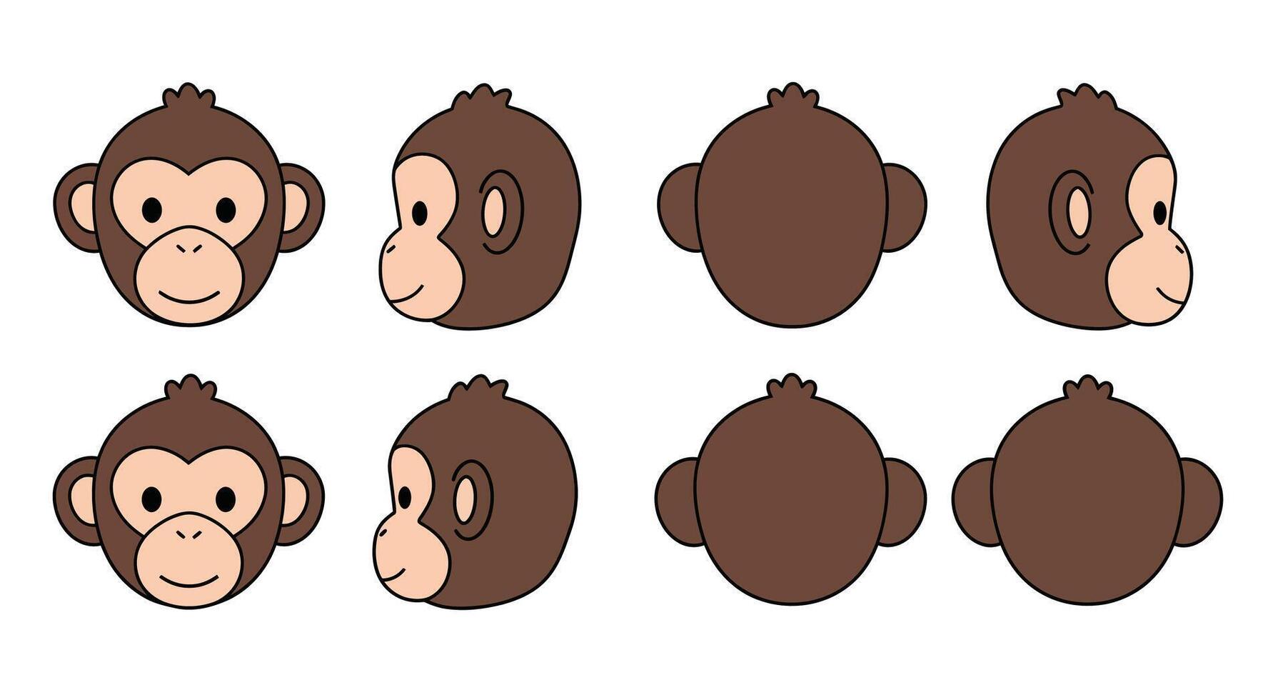 Cute monkey character in multiple views with flat design art vector