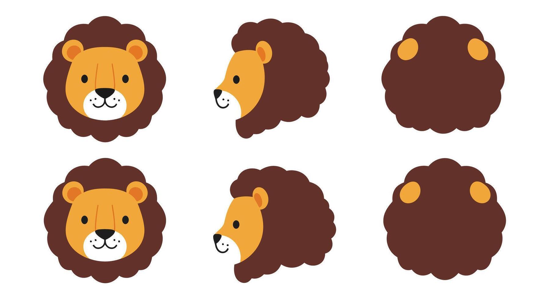 Lion character design in flat style showcasing different facial expressions and angles in art vector