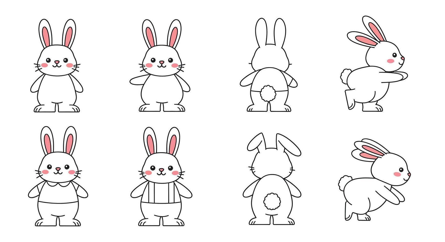 Cute rabbit character design in flat style showcasing various poses in vibrant illustration vector