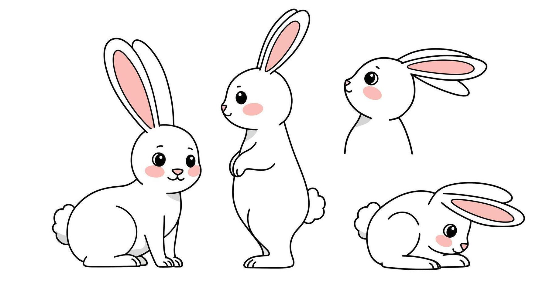 Cute rabbit character design in minimal style showcasing different poses illustration vector