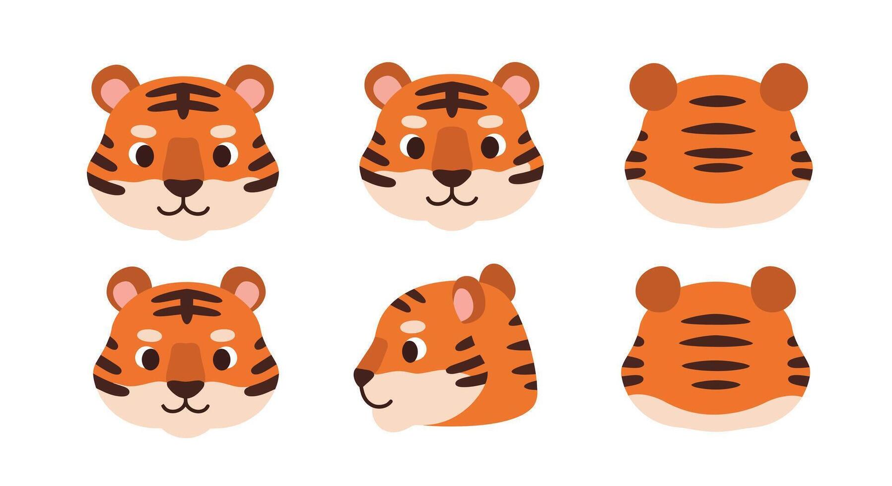 Cute tiger faces in flat design style with different angles illustration vector