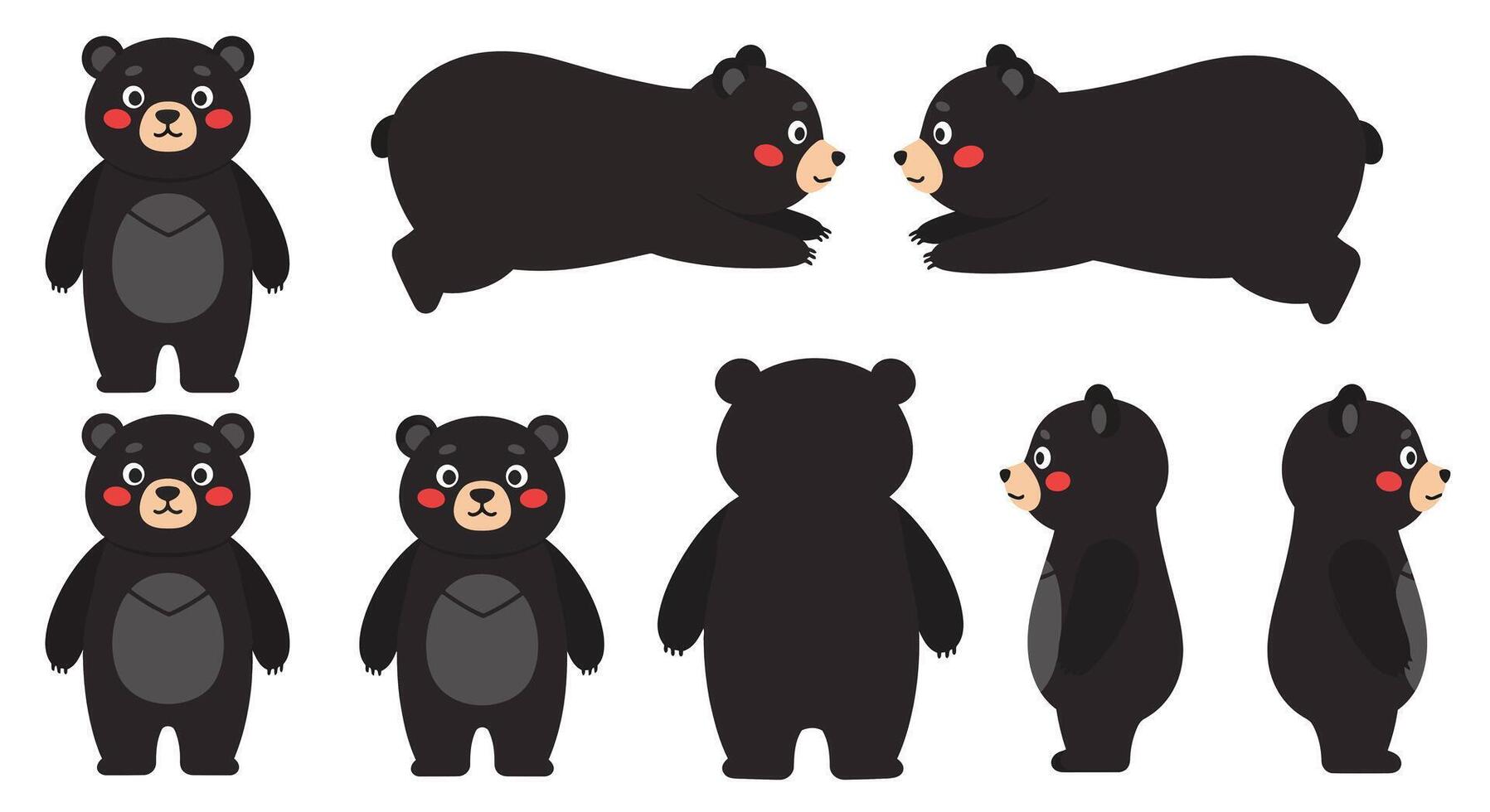 Cute black bear character design in flat style showcasing playful poses art vector