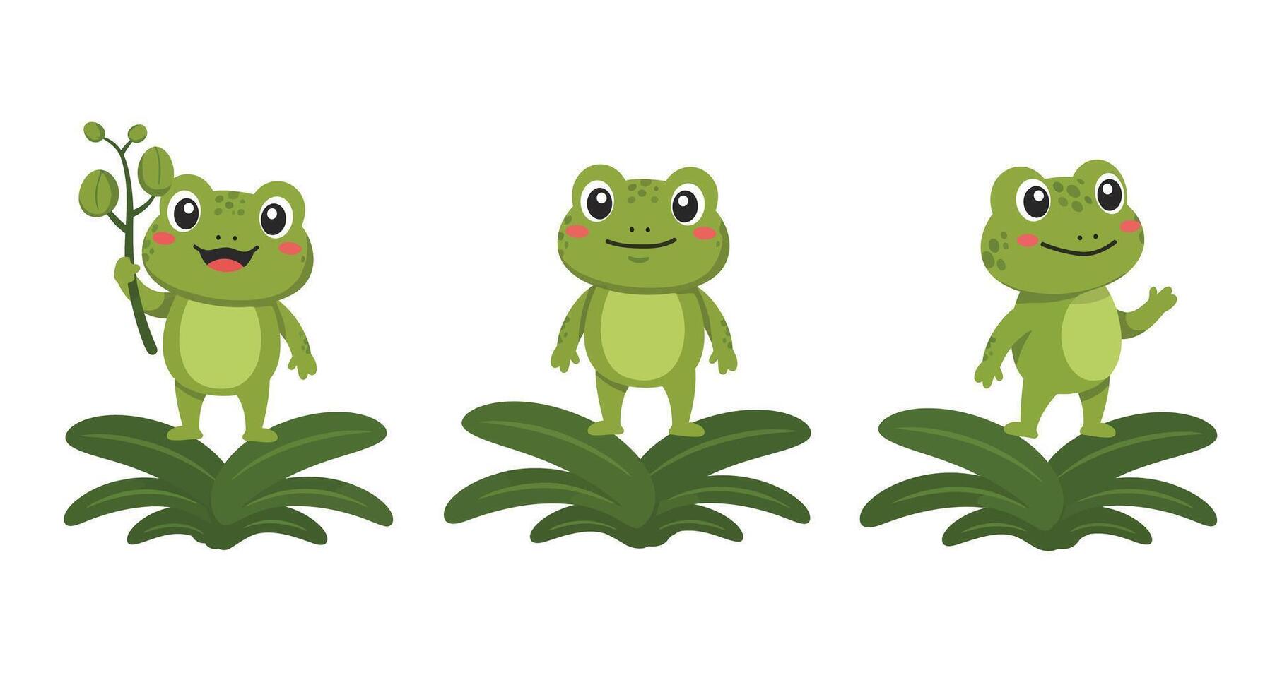 Cute green frog character transitions in flat illustration style vector