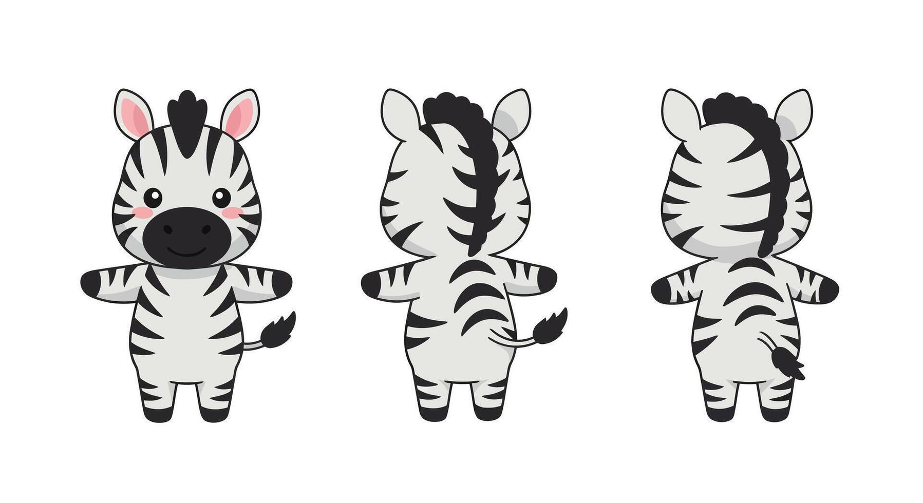 Cute cartoon zebra character in flat style with three different poses art vector