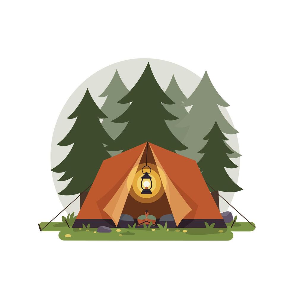 Camping scene featuring a detailed tent with lantern and surrounding trees in flat art vector
