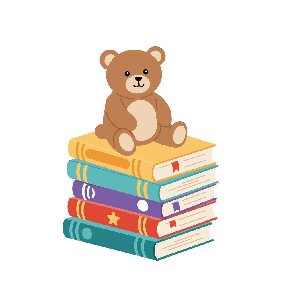 Cute teddy bear sitting on colorful stacked books in flat art dqwd vector