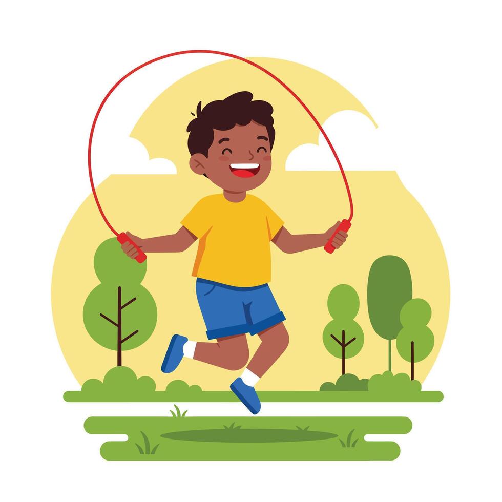 Happy child jumping rope in a playful scene featuring flat art vector