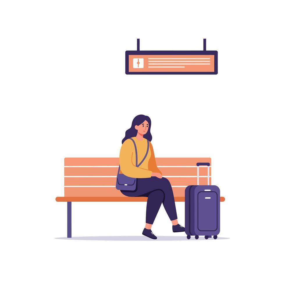 Woman waiting at a bus stop in flat illustration style vector