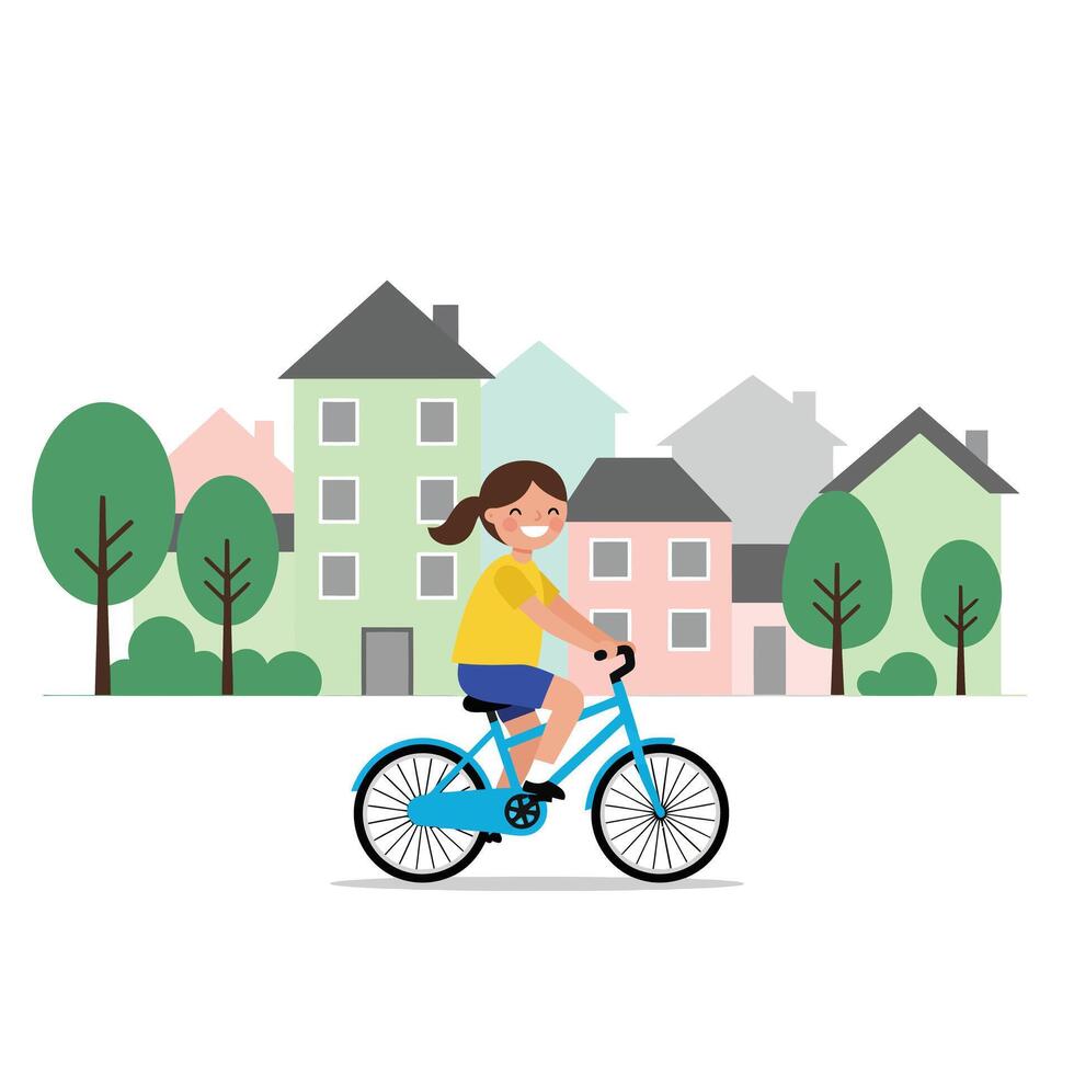 Girl riding a bicycle through a colorful neighborhood in flat art vector