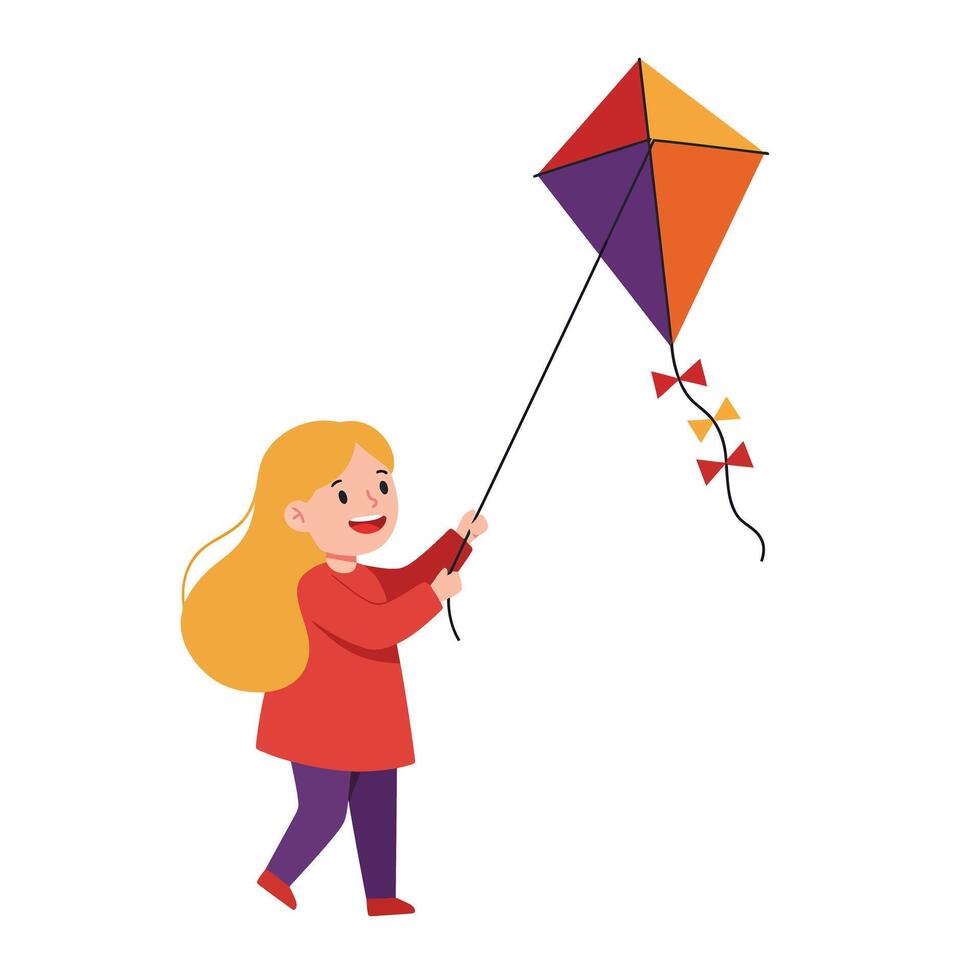 Happy child flying a colorful kite in flat design art vector
