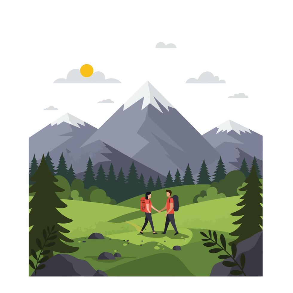 Hiking adventure scene with mountains in a flat illustration design vector