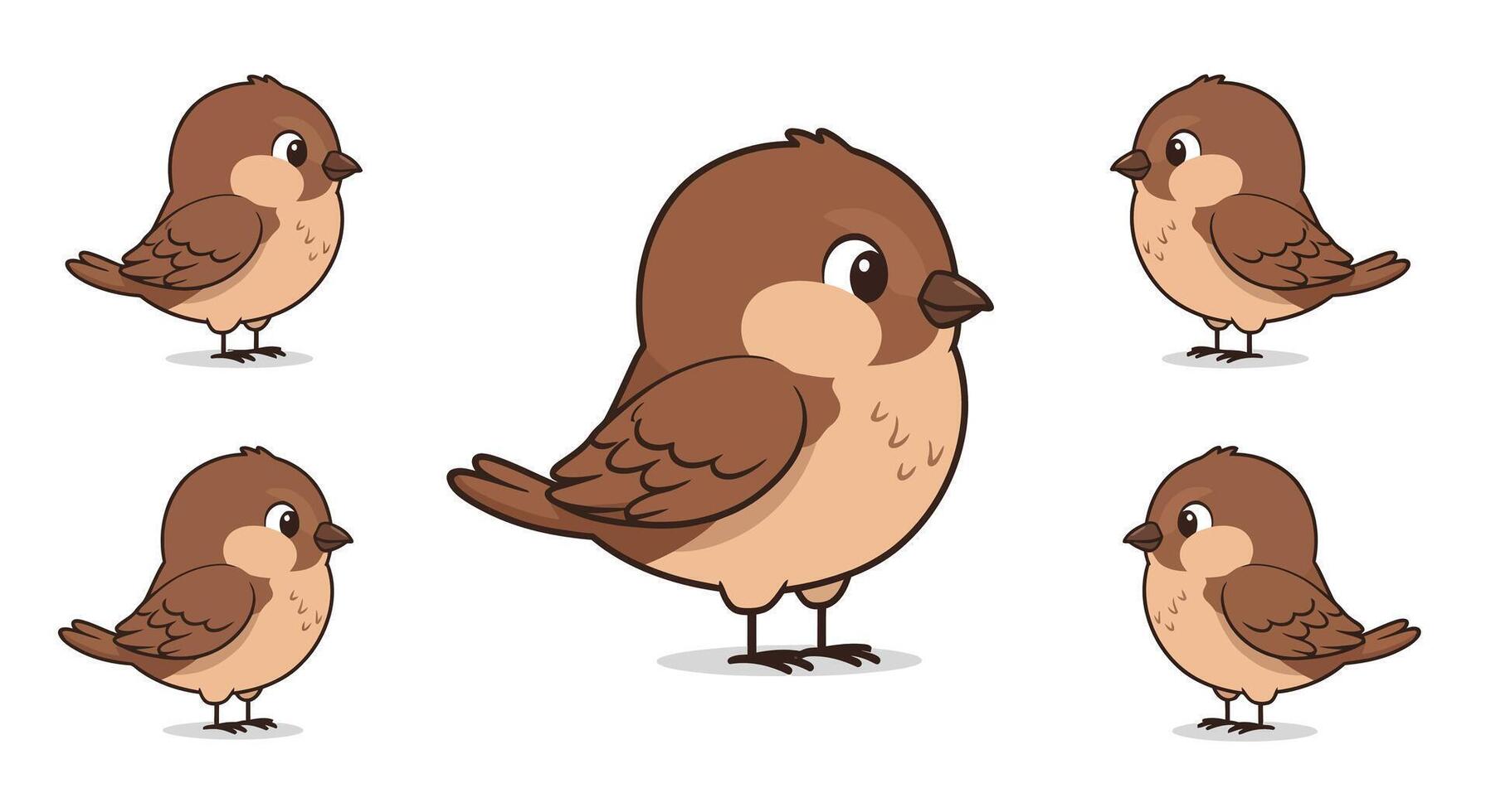 Cute sparrow characters in flat design style showcasing size transition art vector