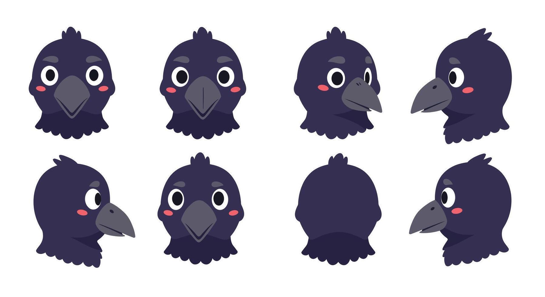 Cute cartoon crow character in flat style showcasing different facial expressions art vector