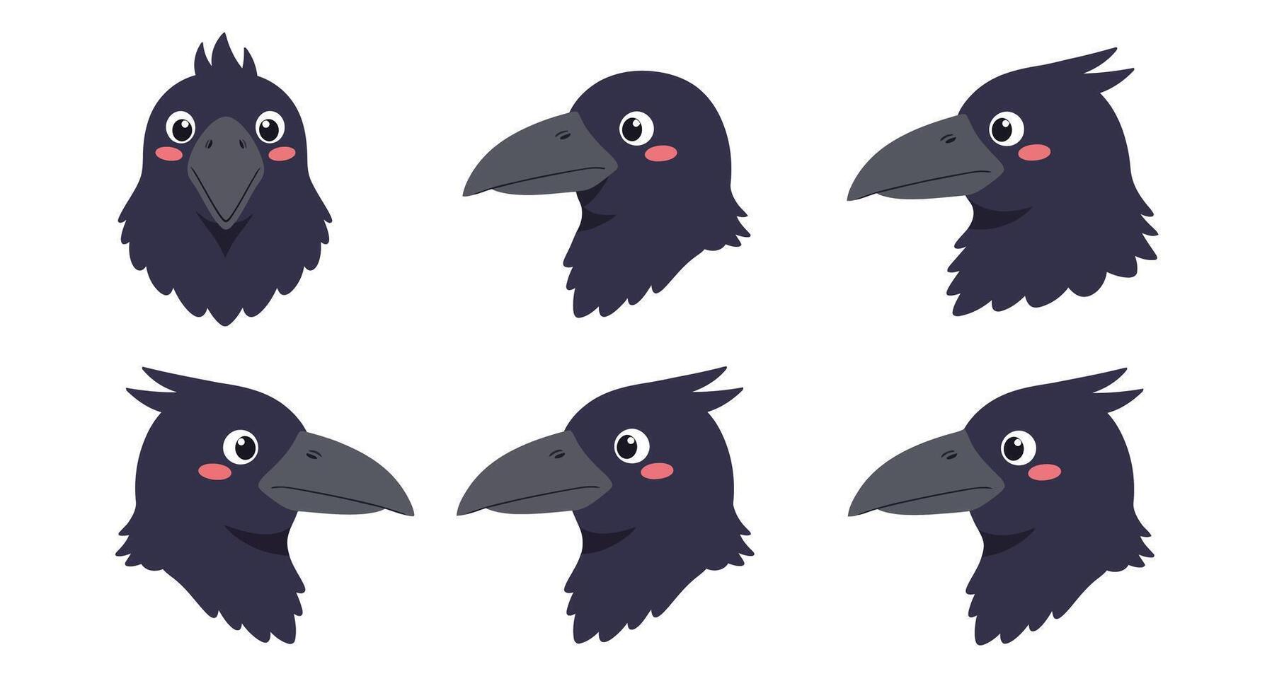 Cute raven character design in flat style showcasing multiple expressions illustration vector