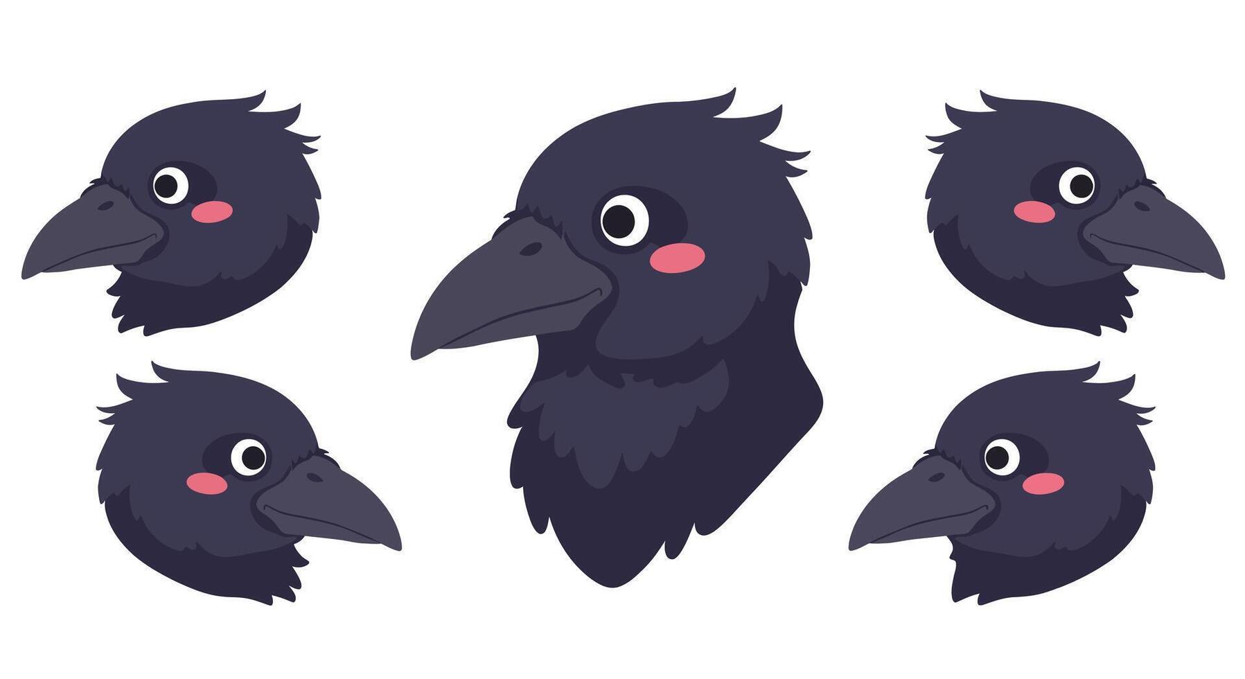 Crow head illustrations in flat style showcasing different expressions in art vector