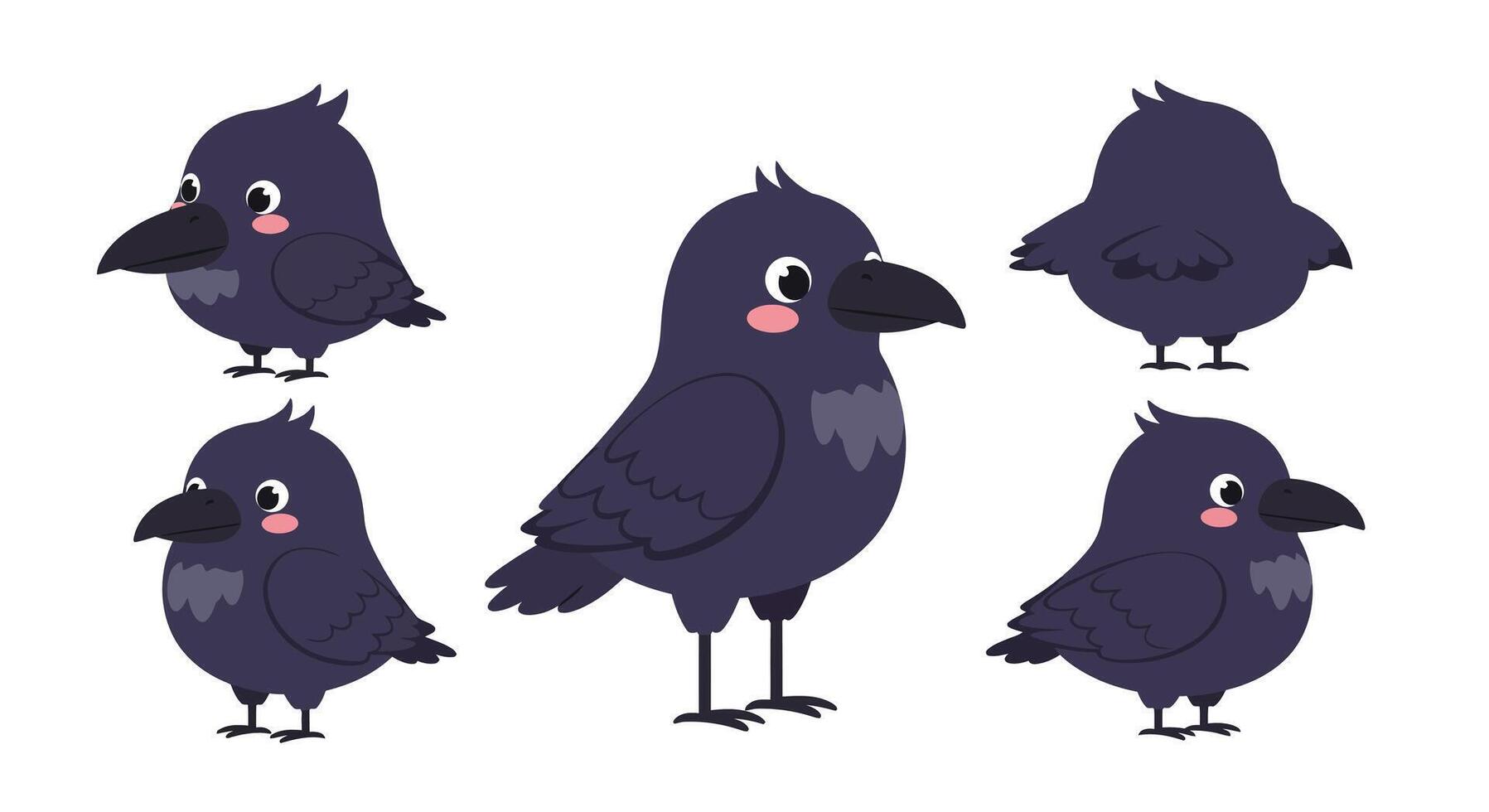 Detailed illustration of playful cartoon crows in various poses showcasing flat design style vector