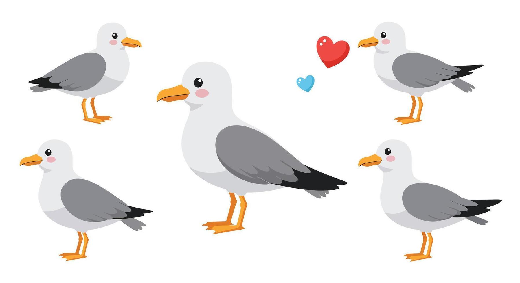 Seagulls displaying emotions in flat illustration style with colorful elements and playful expressions vector
