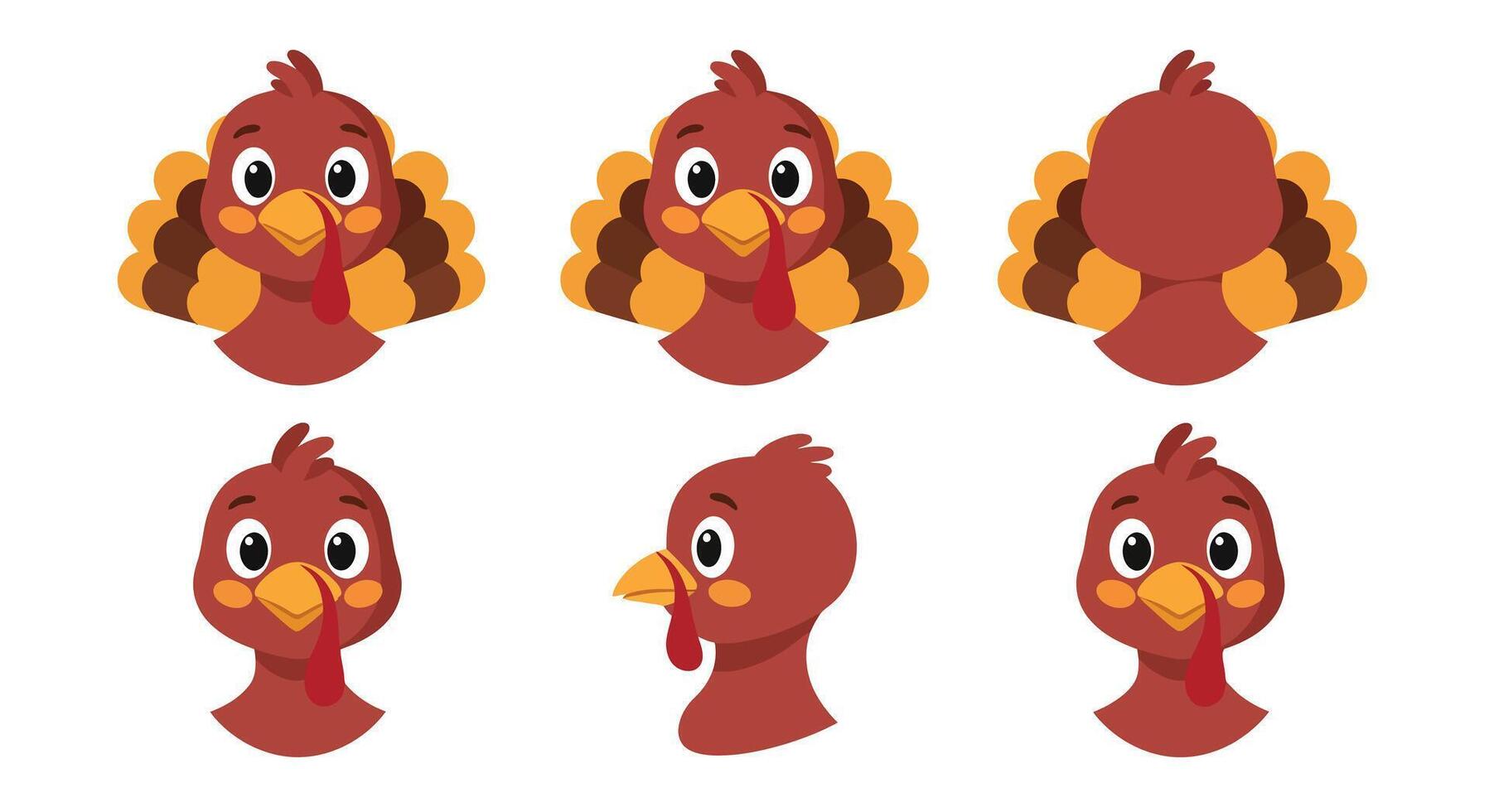 Colorful cartoon turkey character design in flat style showcasing different angles illustration vector