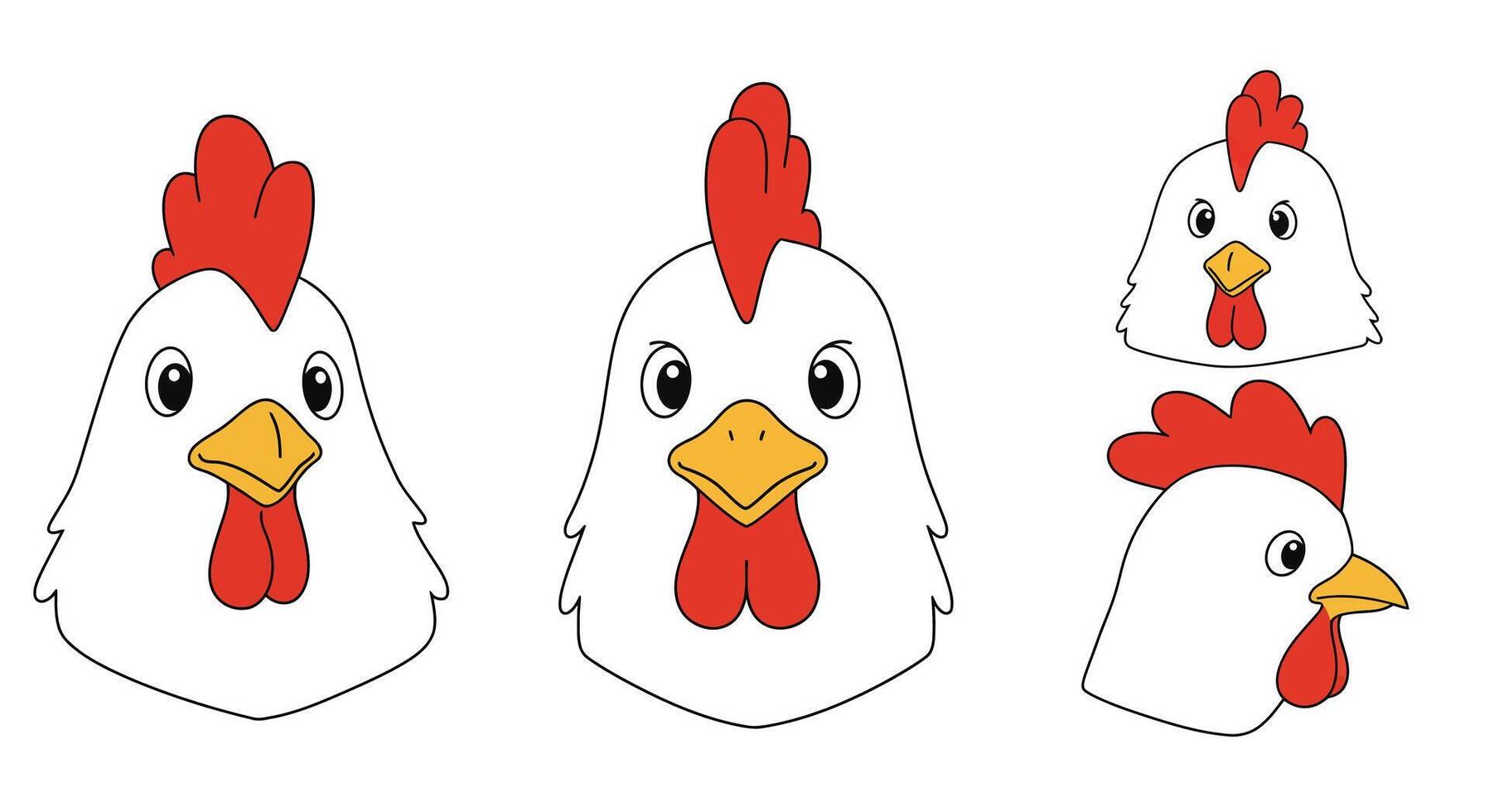 Chicken head illustrations in flat design showcasing multiple angles in art vector