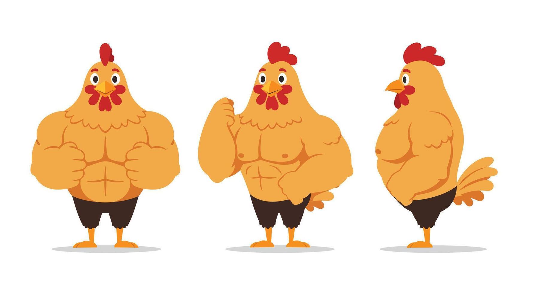 Muscular chicken character transformation in flat, minimal illustration vector