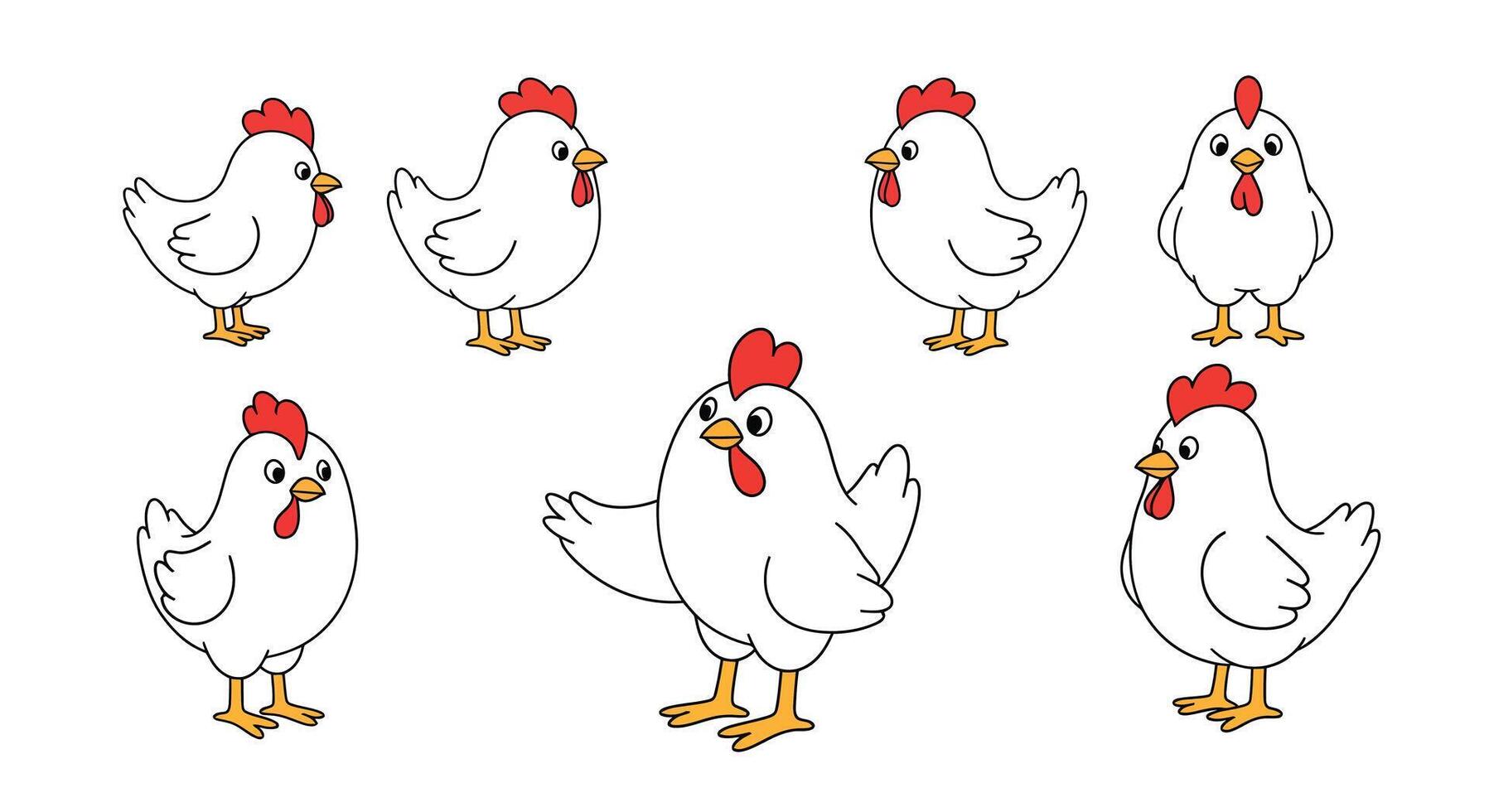White chicken characters in various poses with flat design style illustration vector
